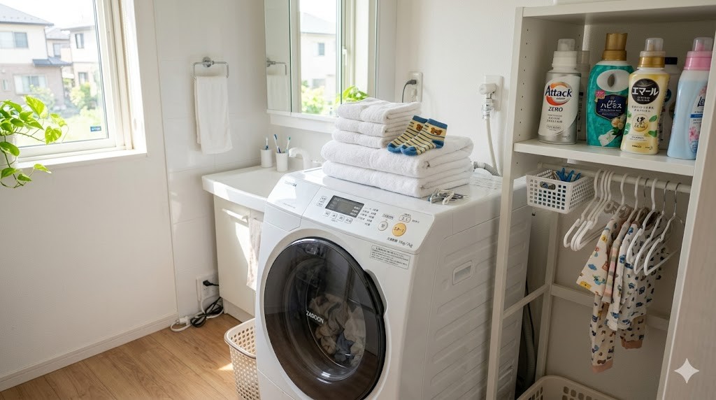 明るい洗面所に置かれたドラム式洗濯乾燥機