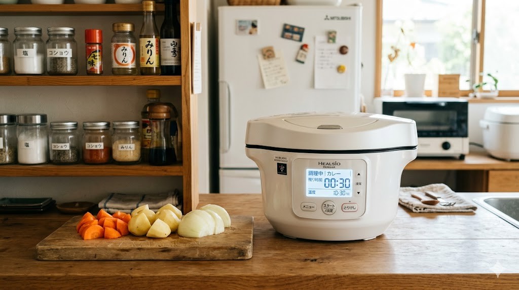 キッチンカウンターに置かれたホットクックと野菜