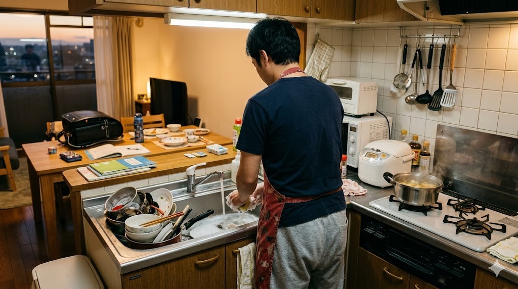 夕方のキッチンで忙しく料理する父親の後ろ姿