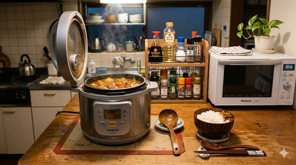 キッチンカウンターの電気圧力鍋でカレーを調理