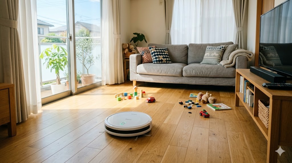 リビングのフローリングを走るロボット掃除機