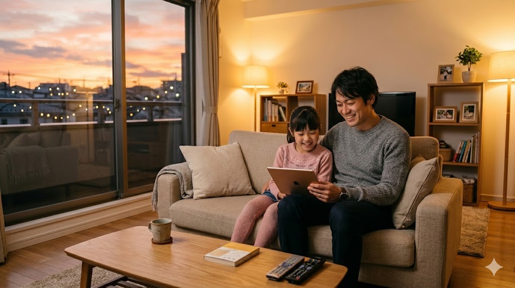 リビングでくつろぐ父親と娘