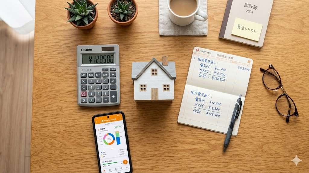 電卓・住宅模型・通帳・スマホ・メガネが木目調デスクに並ぶフラットレイ