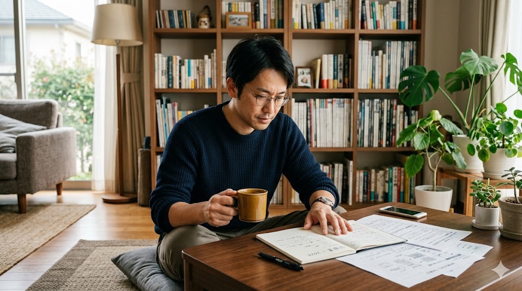 リビングのローテーブルでコーヒーを片手に書類を確認する30代パパ