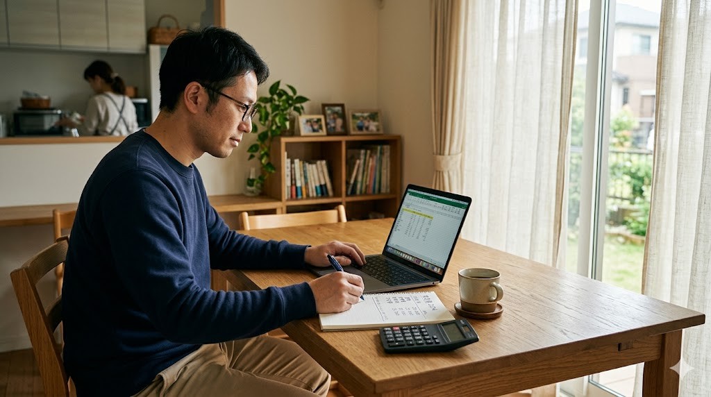 ダイニングテーブルでノートPCと家計簿を広げて家計管理をする30代パパ