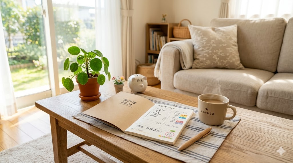 明るいリビングのローテーブルに家計簿ノート・マグカップ・観葉植物が並ぶ温かい空間