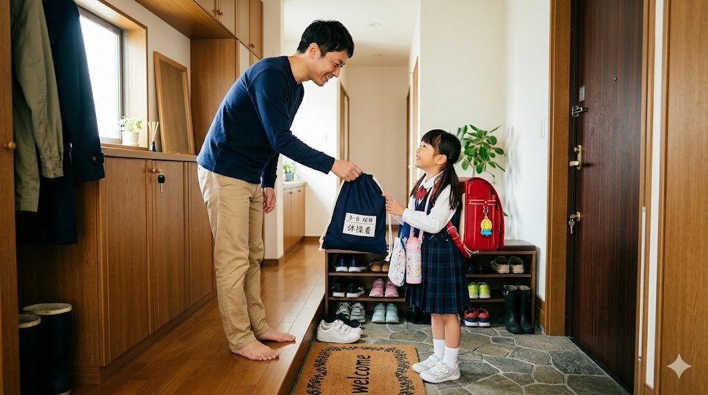 玄関で穏やかに微笑みながら娘に体操着を渡す若い父親
