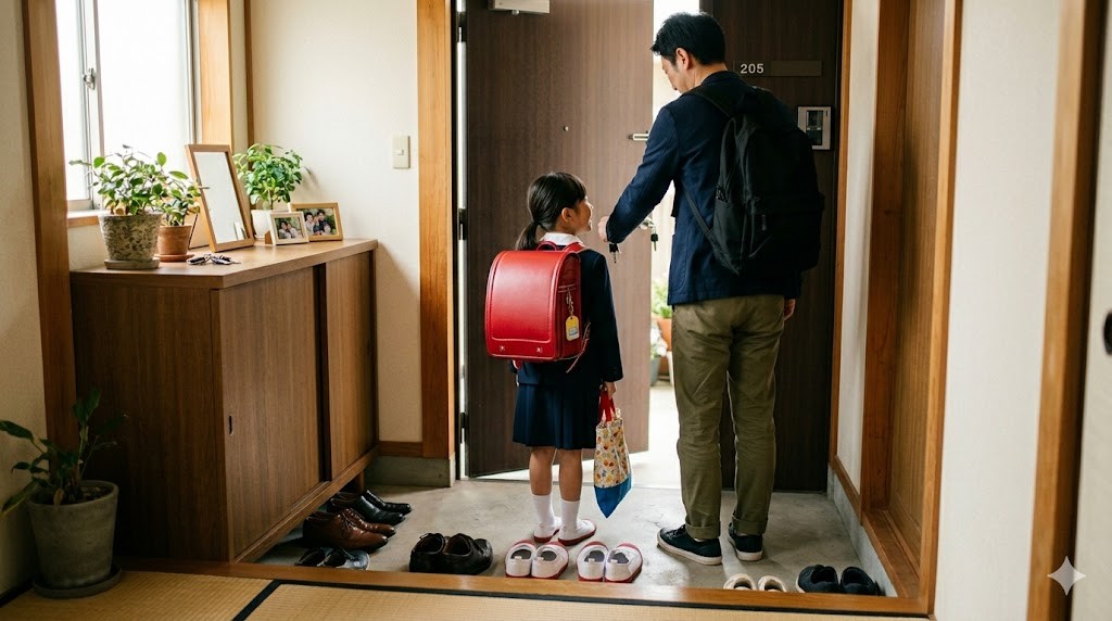 玄関で笑顔で出かける準備をする父親と娘の後ろ姿
