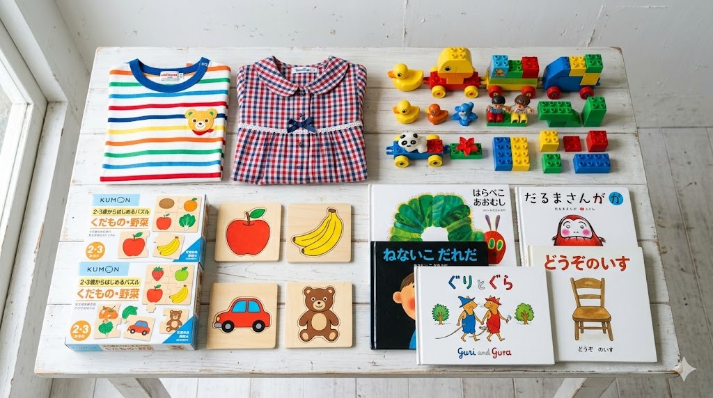 ブランド子ども服や知育玩具、絵本がきれいに並んだフラットレイ写真