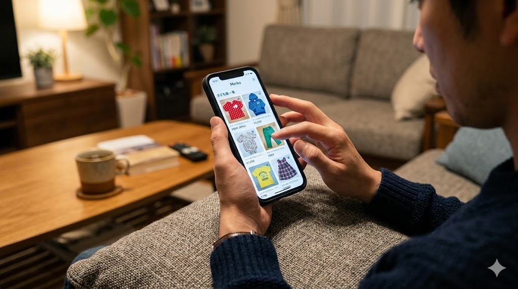 スマホでフリマアプリの子ども服を探している男性の手元