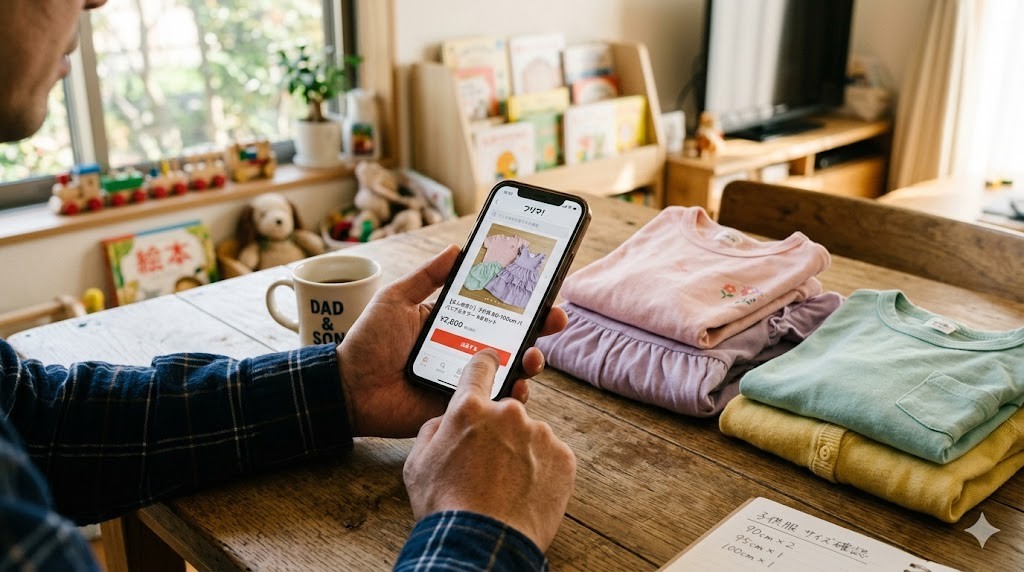 スマホでメルカリを操作するシングルファーザーの手元と子ども服