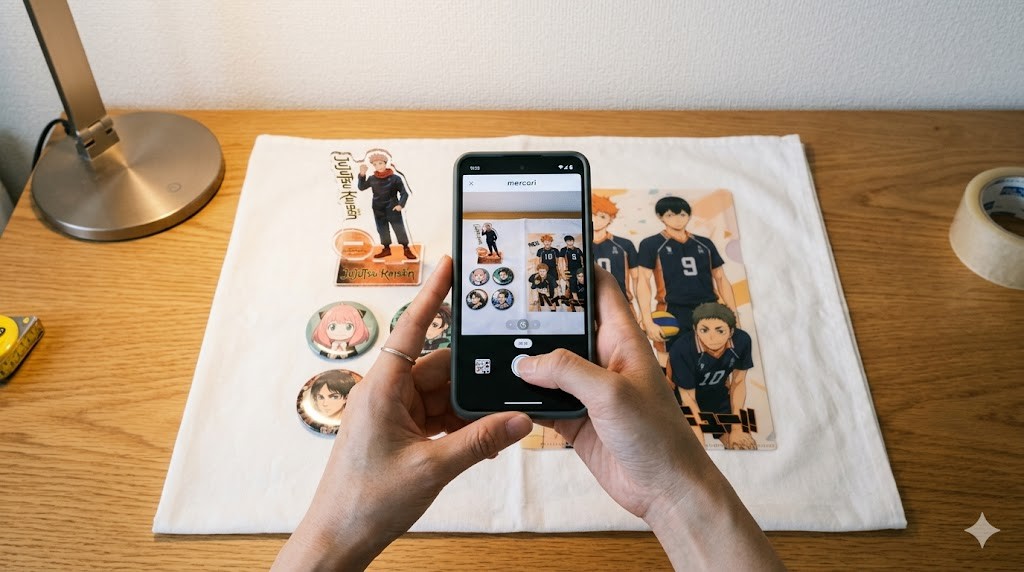 白い布の上にアニメグッズを並べてスマホで撮影している手元