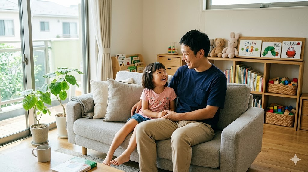 父親と娘がリビングのソファで笑い合っている温かい写真