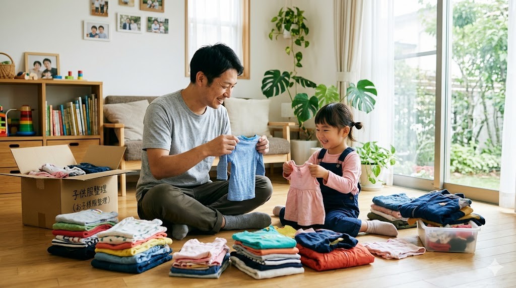 父親と娘がリビングでサイズアウトした子ども服を一緒に整理している