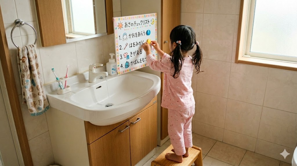 洗面所の壁のチェックリストでマグネットを動かす女の子