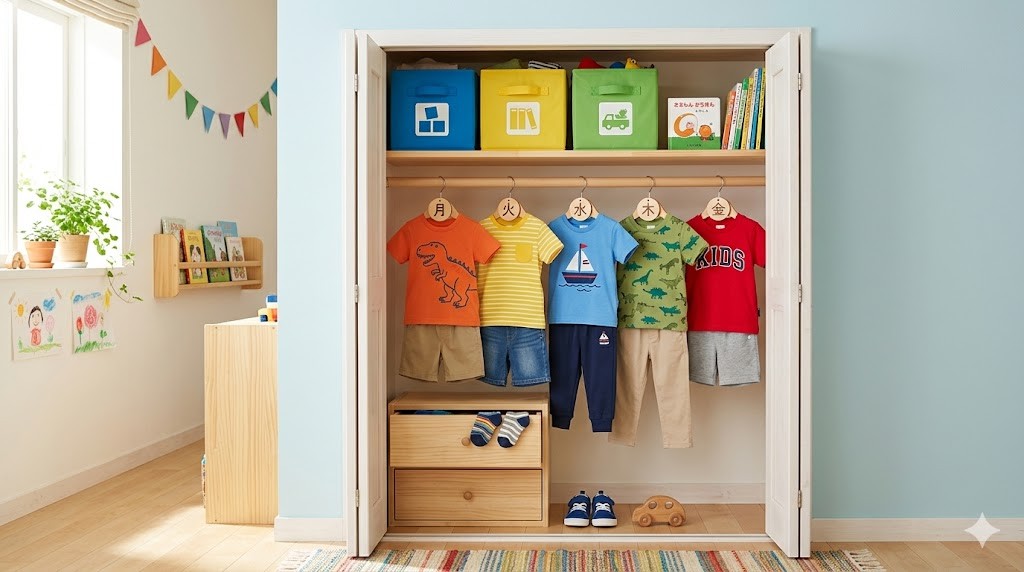 曜日ラベル付きでハンガーにセットされた子ども服のクローゼット
