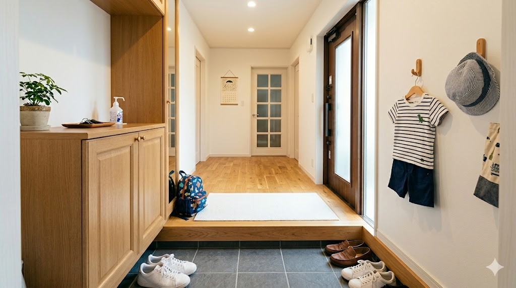 前夜に準備した子どもの持ち物が整理された玄関