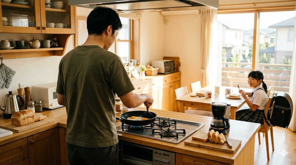 朝のキッチンで朝食を準備する父親と待っている娘