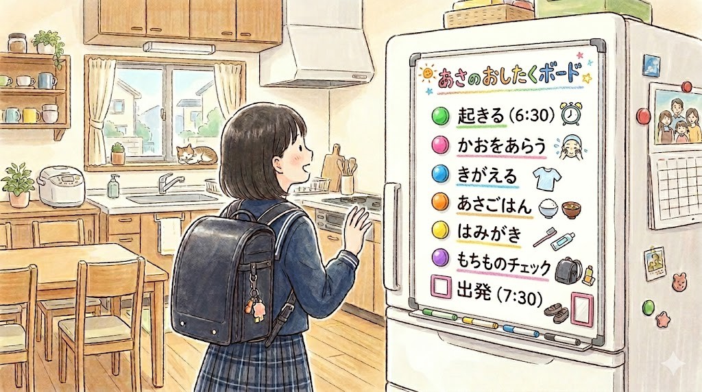 マグネット式ホワイトボードで朝の支度をチェックする女の子(シンパパ家の朝のお支度ボード)