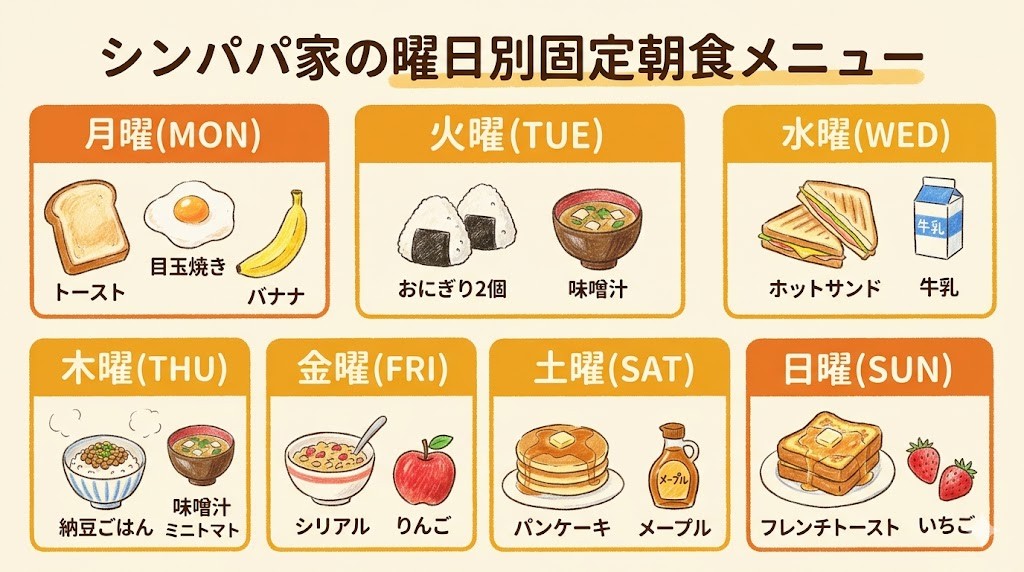 シンパパ家の月曜から日曜までの固定朝食メニュー一覧インフォグラフィック