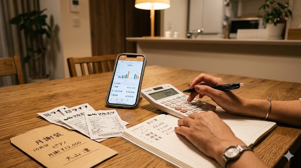 電卓とスマホで習い事の費用を計算する手元