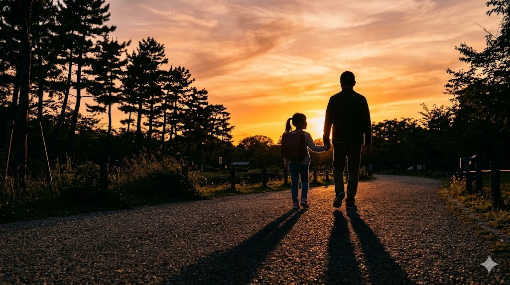 夕焼けの公園で並んで歩く父と娘のシルエット