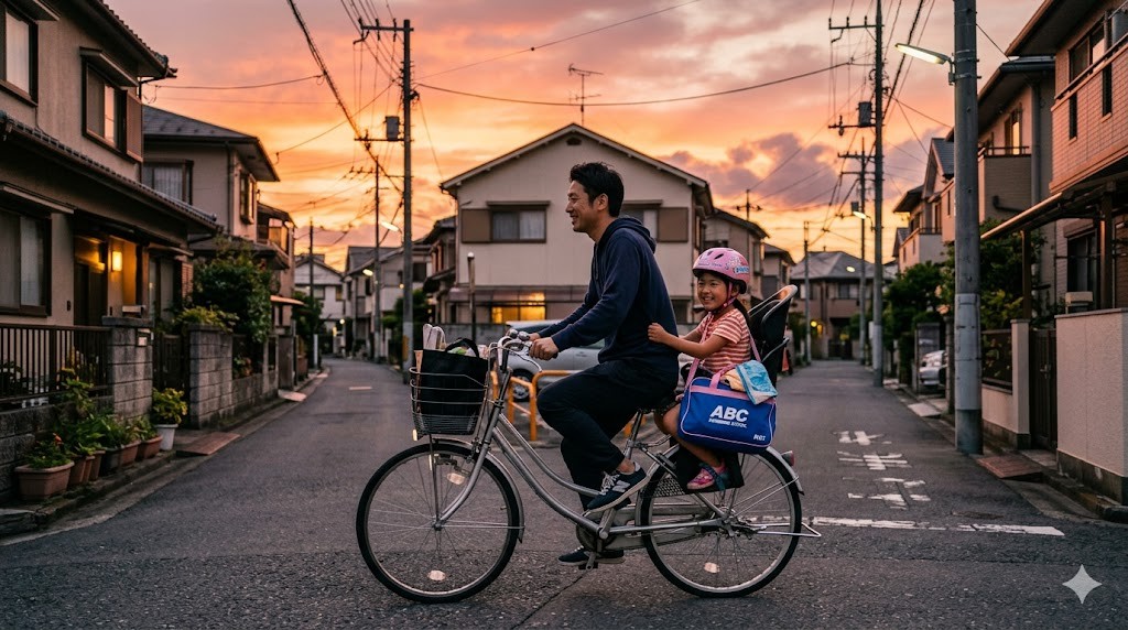自転車で習い事の送迎をする父親