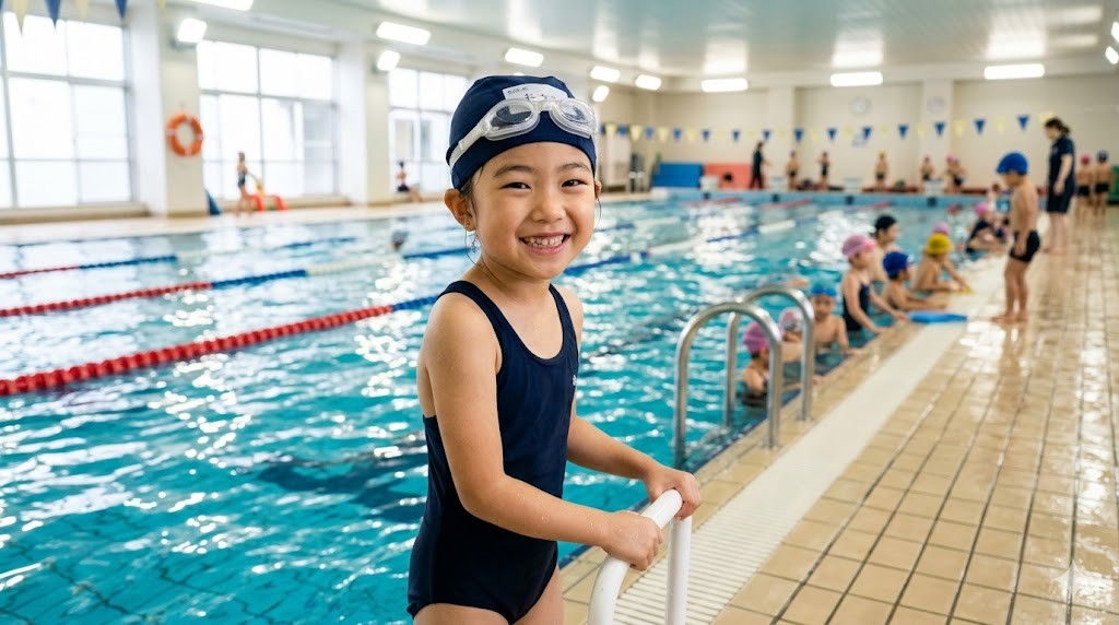 スイミングスクールで笑顔の女の子