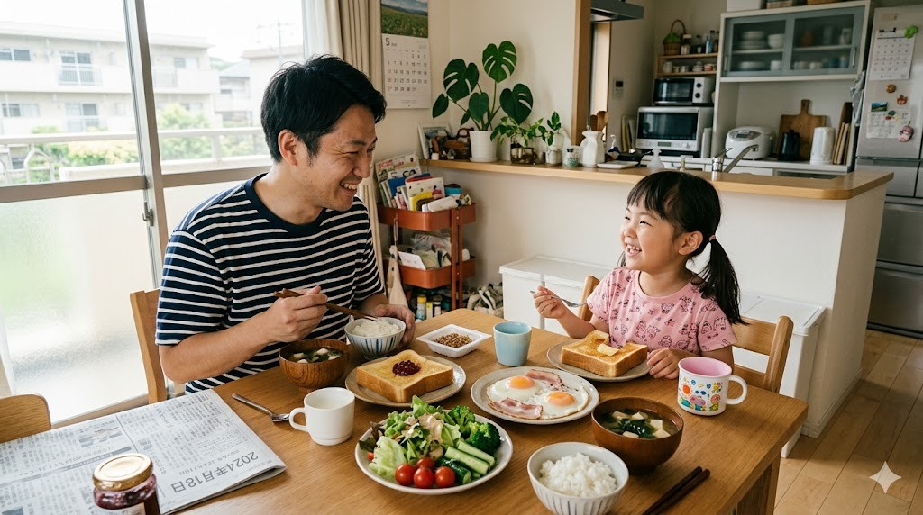 余裕のある朝食風景でパパと娘がテーブルで笑顔