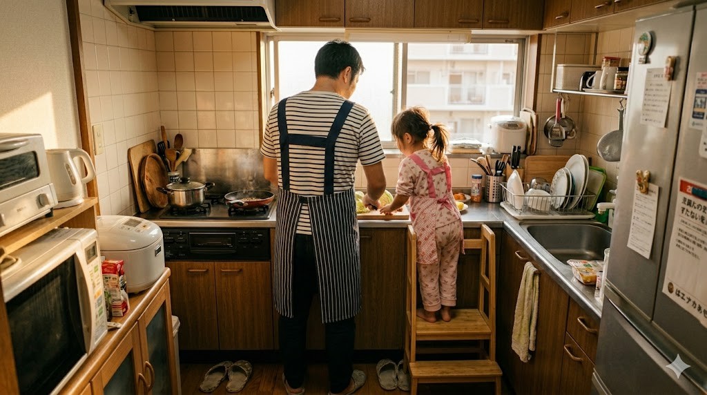 朝のキッチンで忙しそうに支度をするパパと娘の後ろ姿