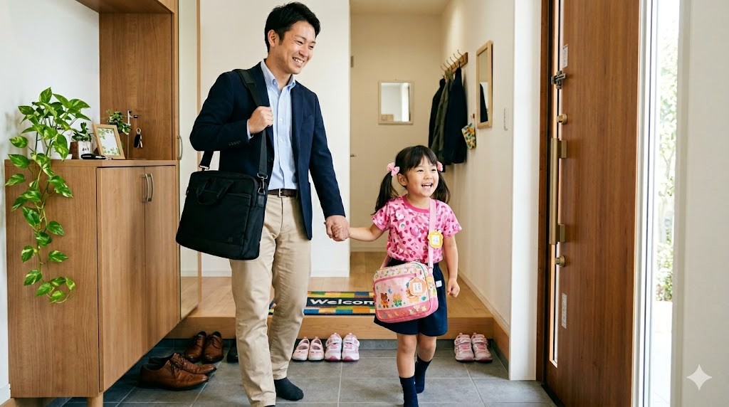 パパと娘が玄関で笑顔でいってきます