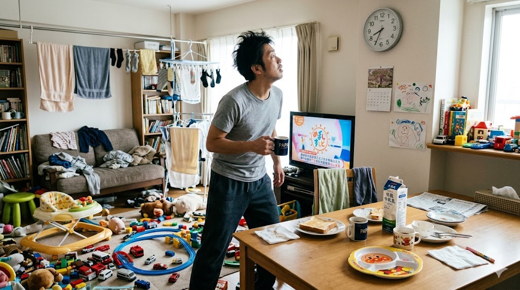 散らかったリビングで時計を気にする父親