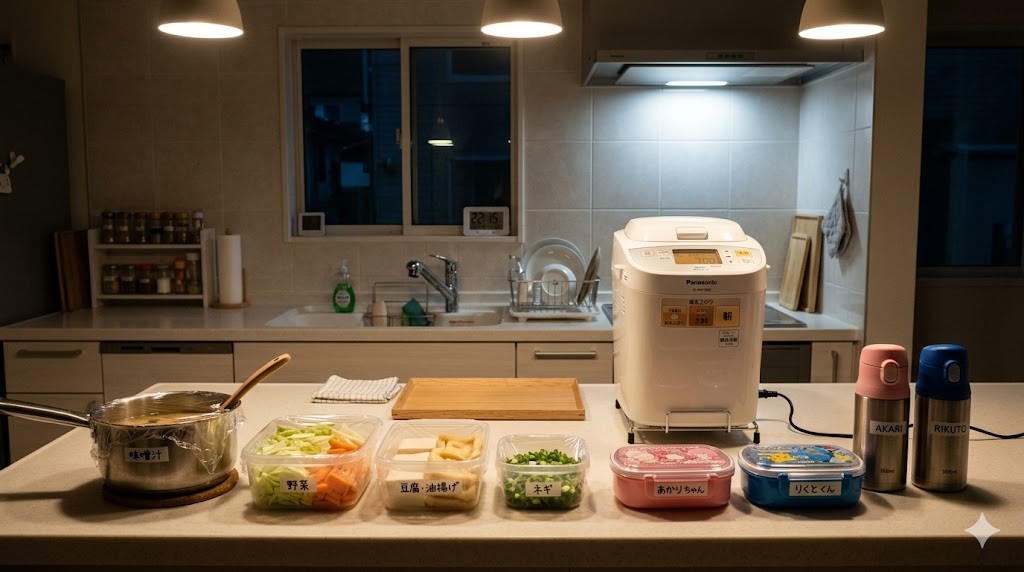 整理されたキッチンカウンターに並ぶ前夜の仕込み食材