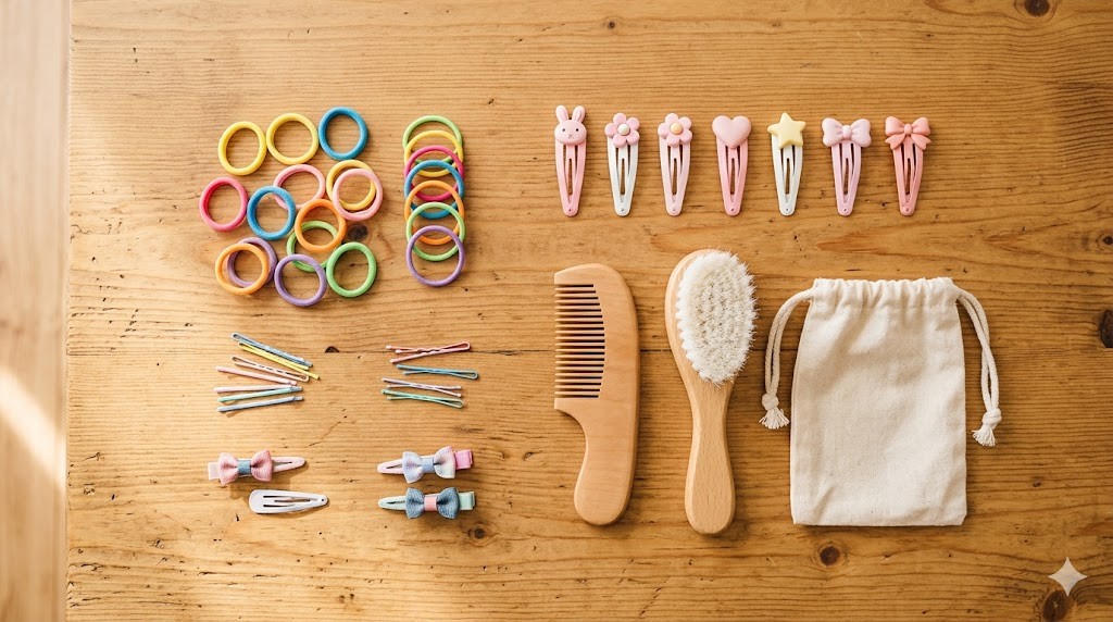 ヘアゴム・ブラシ・クリップなどの子供用ヘアアイテムを並べた写真
