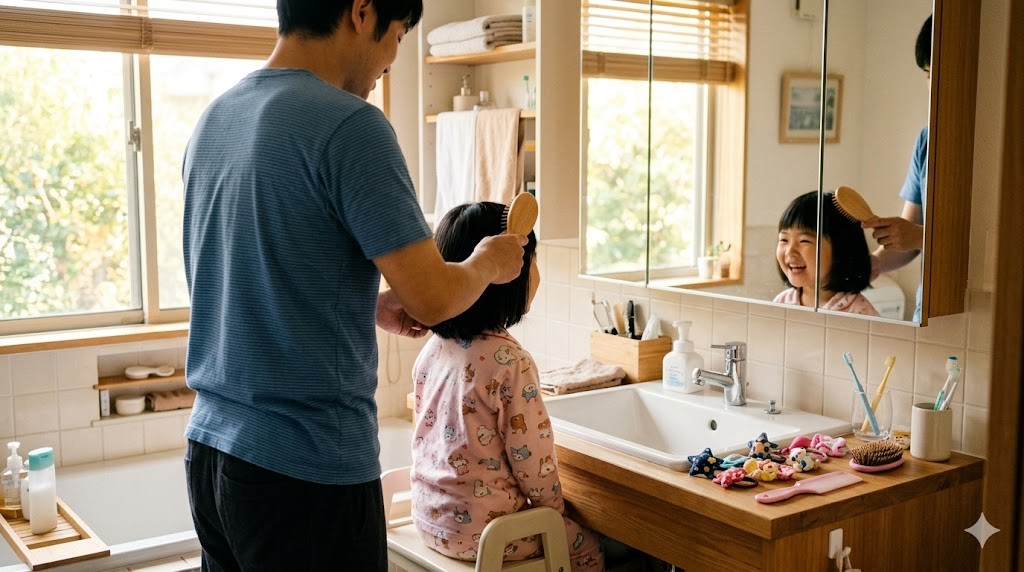 朝の洗面所で娘の髪をやさしくブラッシングする父親
