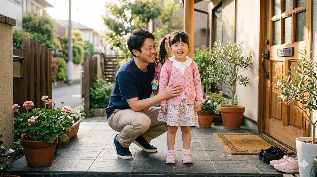 ポニーテールの娘と笑顔の父親のツーショット