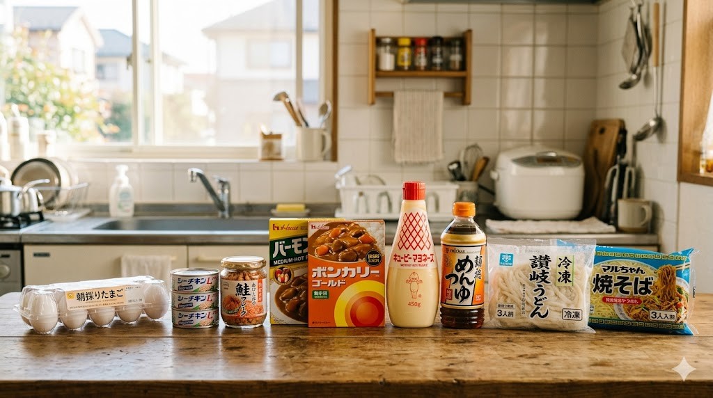 常備食材 - ツナ缶、鮭フレーク、レトルトカレーなど