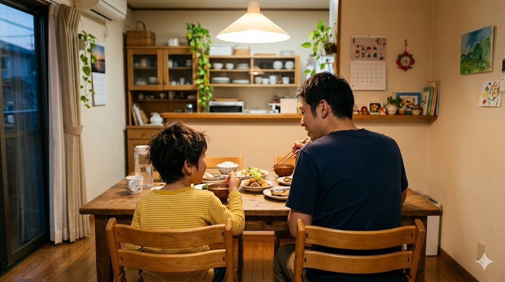 温かい食卓で食事をする親子