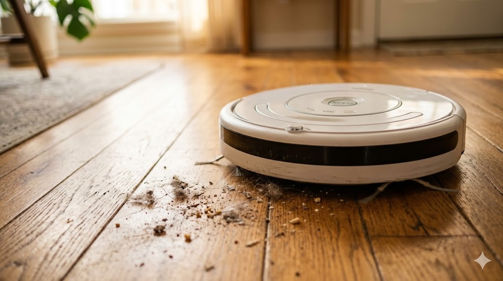 フローリングを掃除中のロボット掃除機のクローズアップ写真