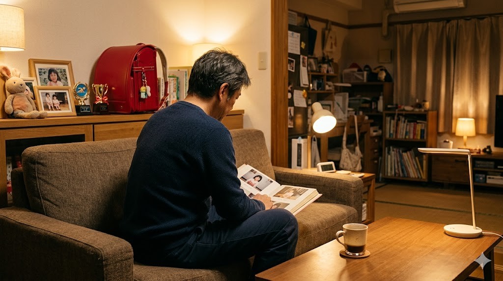 夜のリビングでソファに座り写真アルバムを見ながら物思いにふける父親