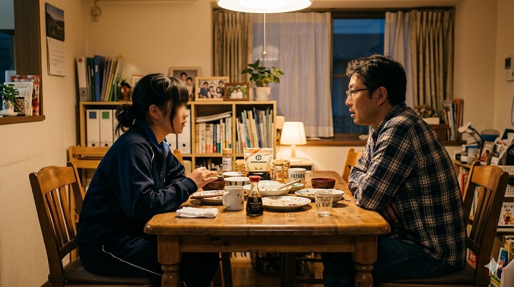 夕食後のダイニングテーブルで父親に真剣に話しかける娘