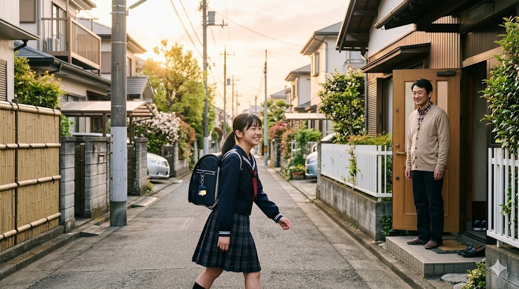 朝日が差し込む住宅街で前を向いて歩き出す娘と玄関先で見守る父親