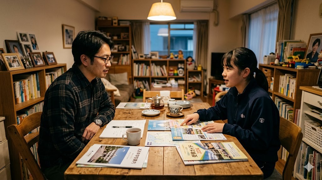 リビングのソファで高校のパンフレットを一緒に見る父親と中学生の娘