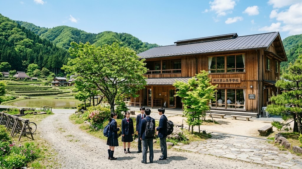 緑豊かな里山に囲まれた木造校舎の前で語り合う高校生たち