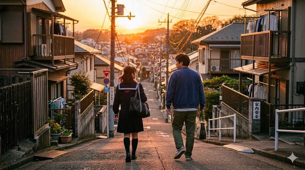 夕焼けの通学路を並んで歩く父親と中学生の娘の後ろ姿