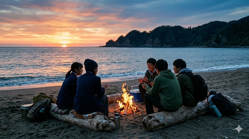 無人島の浜辺で夕暮れ時に焚き火を囲んで語り合う中学生たち