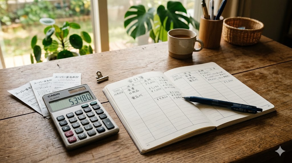 電卓と家計簿ノートとペン