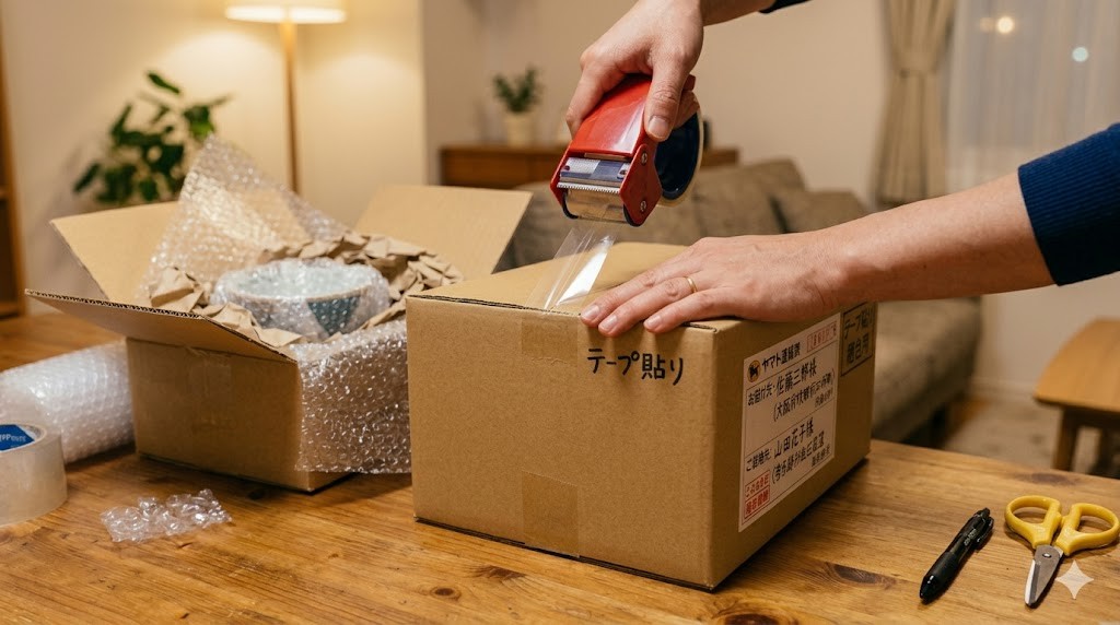 段ボール箱を梱包する手元