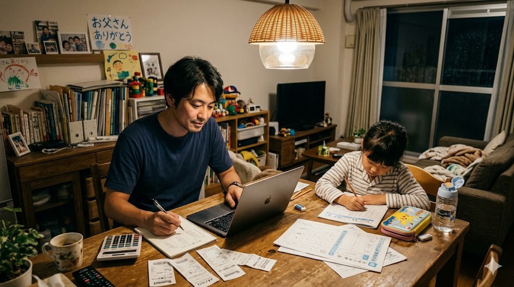 シングルファーザーが家計簿をつけるシーン|ひとり親の生活費を見える化
