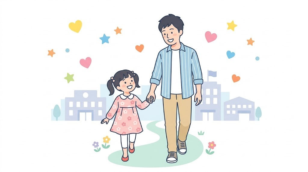 父と娘が手をつなぐフラットイラスト